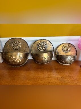 Set of three brass wall pocket hanging plant holders vintage butterfly flower